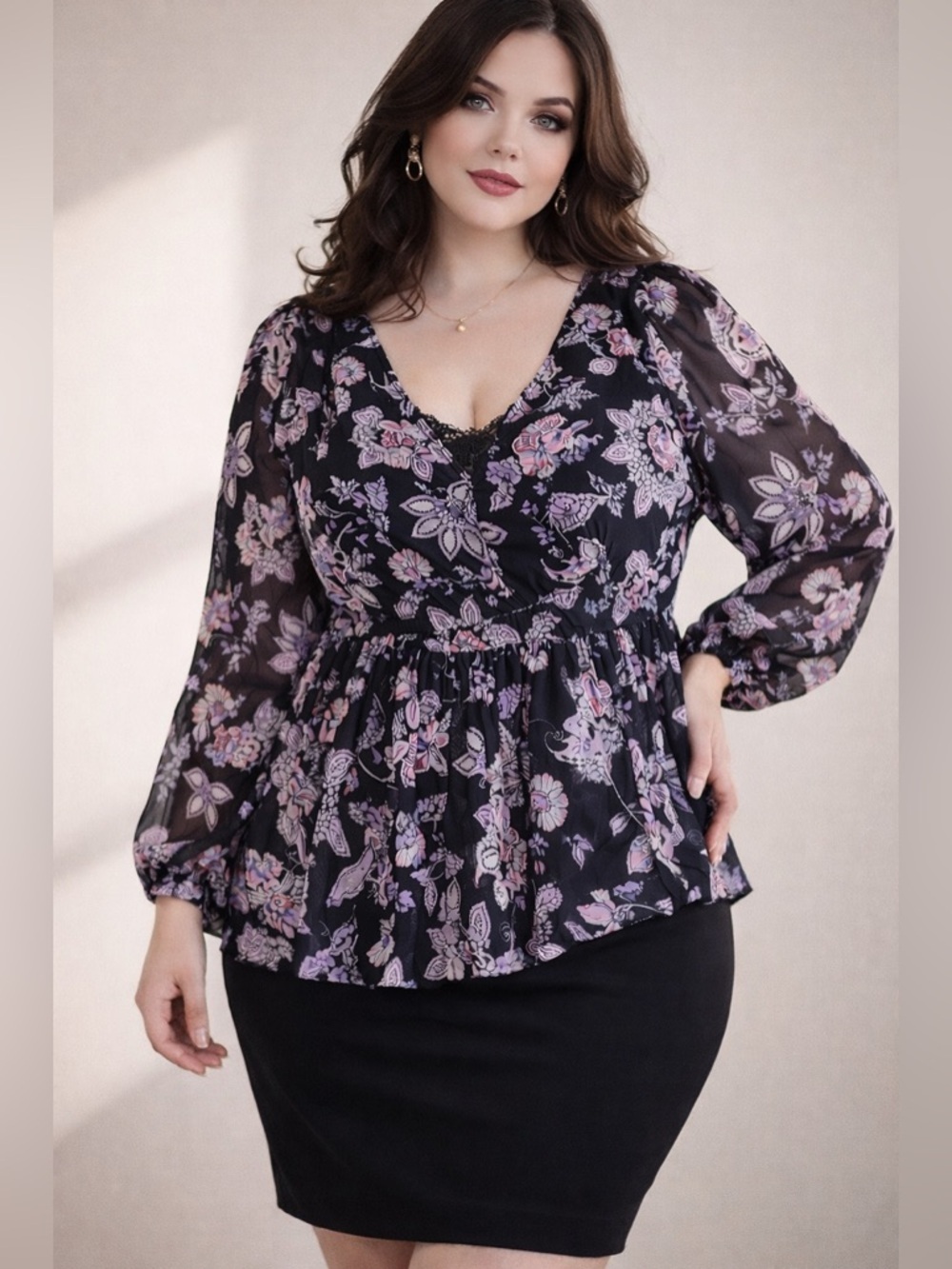 Lane Bryant Women’s Floral Sheer Blouse Sz 18/20 Boho Office Peplum Plus Size